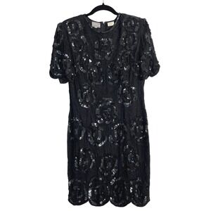 Stenay Vintage Black Silk Sequin Beaded Floral Cocktail Dress Size 10 Scalloped